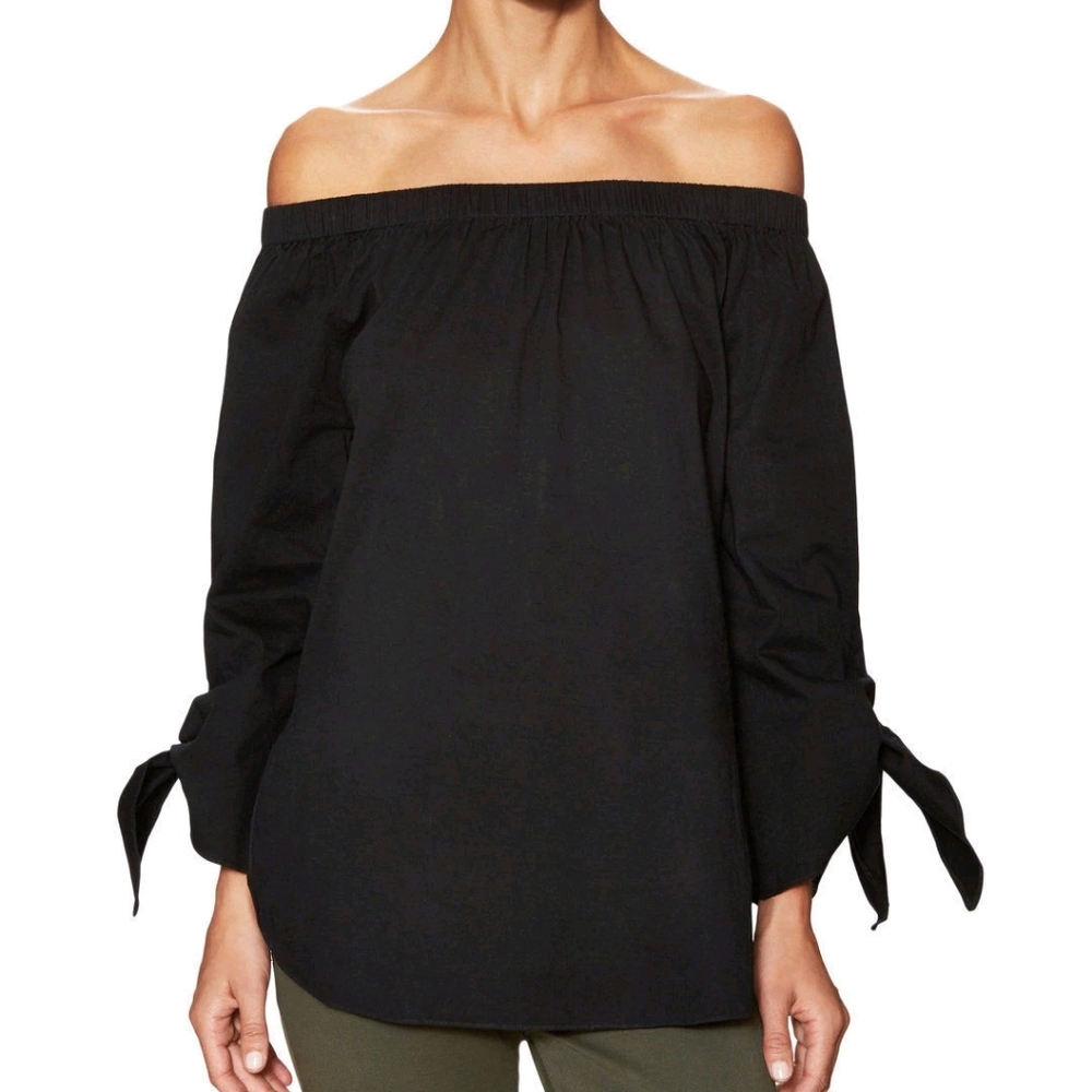 Walter Baker Kensie Black Cotton Off‎ Shoulder Peasant Blouse New Large Tie Cuff